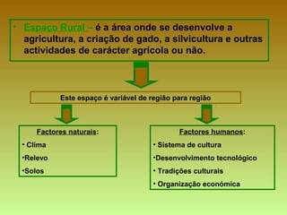 • Espaço Rural – é a área onde se desenvolve a
agricultura, a criação de gado, a silvicultura e outras
actividades de carácter agrícola ou não.
Este espaço é variável de região para região
Factores naturais:
• Clima
•Relevo
•Solos
Factores humanos:
• Sistema de cultura
•Desenvolvimento tecnológico
• Tradições culturais
• Organização económica
 