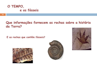 O TEMPO,
           e os fósseis
31




     Que informações fornecem as rochas sobre a história
     da Terra?


     E as rochas que contêm fósseis?
 
