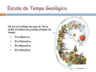 Escala do Tempo Geológico
70




     Os 4,6 mil milhões de anos da Terra
     estão divididos em grandes unidade de
     tempo:
         Pré-Câmbrico
         Era Paleozóica
         Era Mesozóica
         Era Cenozóica
 