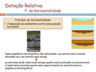 Datação Relativa
                      P. da horizontalidade
46


              Princípio da horizontalidade
      A deposição de sedimentos ocorre numa posição
       horizontal




     Numa sequência estratigráfica não deformada, um estrato mais recente
     sobrepõe-se a um estrato mais antigo,

     os estratos serão tanto mais antigos quanto mais profundos se encontrarem
     e tanto mais recentes quanto mais superiormente se encontrarem na
     sequência estratigráfica.
 