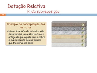 Datação Relativa
                       P. da sobreposição
48




     Princípio da sobreposição dos
                estratos
      Numa sucessão de estratos não
       deformados, um estrato é mais
       antigo do que aquele que o cobre
       e mais recente do que aquele
       que lhe serve de base.
 