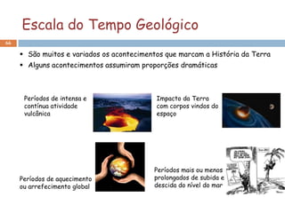 Escala do Tempo Geológico
66

      São muitos e variados os acontecimentos que marcam a História da Terra
      Alguns acontecimentos assumiram proporções dramáticas



      Períodos de intensa e                 Impacto da Terra
      contínua atividade                    com corpos vindos do
      vulcânica                             espaço




                                           Períodos mais ou menos
     Períodos de aquecimento               prolongados de subida e
     ou arrefecimento global               descida do nível do mar
 