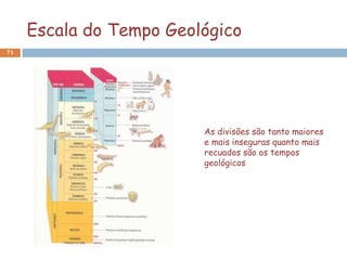 Escala do Tempo Geológico
71




                         As divisões são tanto maiores
                         e mais inseguras quanto mais
                         recuados são os tempos
                         geológicos
 