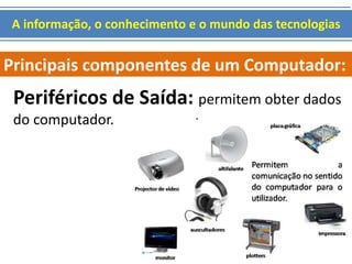 A informação, o conhecimento e o mundo das tecnologias 
Principais componentes de um Computador: 
Periféricos de Saída: permitem obter dados 
do computador. 
 