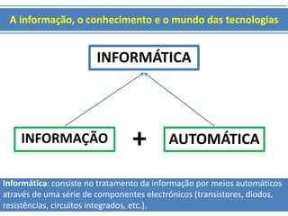 A informação, o conhecimento e o mundo das tecnologias 
INFORMÁTICA 
INFORMAÇÃO + AUTOMÁTICA 
Informática: consiste no tratamento da informação por meios automáticos 
através de uma série de componentes electrónicos (transistores, diodos, 
resistências, circuitos integrados, etc.). 
 