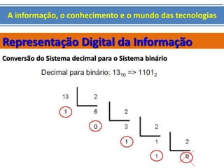A informação, o conhecimento e o mundo das tecnologias 
Representação Digital da Informação 
Conversão do Sistema decimal para o Sistema binário 
 