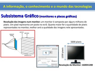A informação, o conhecimento e o mundo das tecnologias 
Subsistema Gráfico (monitores e placas gráficas) 
Resolução das imagens num monitor: um monitor é composto por alguns milhares de 
pixeis. Um pixel representa um posto no ecrã. Quanto maior for a quantidade de pixeis 
representados no monitor, melhor será a qualidade das imagens nele apresentadas. 
1600 pixeis 
1200 pixeis 
Resolução do Monitor: 1600X1200 
 