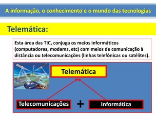 A informação, o conhecimento e o mundo das tecnologias 
Telemática: 
Esta área das TIC, conjuga os meios informáticos 
(computadores, modems, etc) com meios de comunicação à 
distância ou telecomunicações (linhas telefónicas ou satélites). 
Telemática 
Telecomunicações + Informática 
 