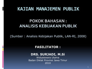 KAJIAN MANAJEMEN PUBLIK
POKOK BAHASAN :
ANALISIS KEBIJAKAN PUBLIK
(Sumber : Analisis Kebijakan Publik, LAN-RI, 2008)
1
FASILITATOR :
DRS. SURJADI, M.Si
Widyaiswara Utama
Badan Diklat Provinsi Jawa Timur
2010
 