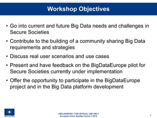 UNCLASSIFIED / FOR OFFICIAL USE ONLY
European Union Satellite Centre © 2016
UNCLASSIFIED/FOR OFFICIAL USE ONLY
3
Stakeholders interviews• Go into current and future Big Data needs and challenges in
Secure Societies
• Contribute to the building of a community sharing Big Data
requirements and strategies
• Discuss real user scenarios and use cases
• Present and have feedback on the BigDataEurope pilot for
Secure Societies currently under implementation
• Offer the opportunity to participate in the BigDataEurope
project and in the Big Data platform development
Workshop Objectives
 