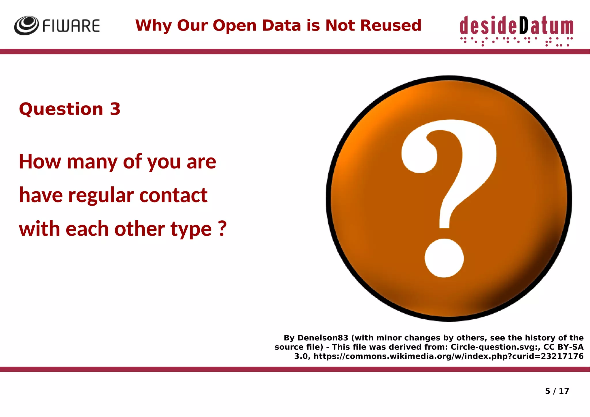 5 / 17
Question 3
How many of you are
have regular contact
with each other type ?
Why Our Open Data is Not Reused
By Denelson83 (with minor changes by others, see the history of the
source fle) - This fle was derived from: Circle-question.svg:, CC BY-SA
3.0, https://commons.wikimedia.org/w/index.php?curid=23217176
 