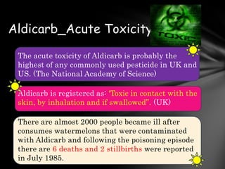 Aldicarb_Acute Toxicity

 The acute toxicity of Aldicarb is probably the
 highest of any commonly used pesticide in UK and
 US. (The National Academy of Science)

 Aldicarb is registered as: 'Toxic in contact with the
 skin, by inhalation and if swallowed”. (UK)

 There are almost 2000 people became ill after
 consumes watermelons that were contaminated
 with Aldicarb and following the poisoning episode
 there are 6 deaths and 2 stillbirths were reported
 in July 1985.
 