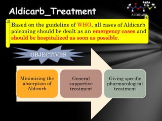 Aldicarb_Treatment                            ALDICARB


Based on the guideline of WHO, all cases of Aldicarb
poisoning should be dealt as an emergency cases and
should be hospitalized as soon as possible.


       OBJECTIVES



   Minimizing the      General       Giving specific
    absorption of     supportive    pharmacological
      Aldicarb        treatment        treatment
 
