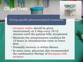 Objectives

     .
  Giving specific pharmacological treatment


   • Atropine sufate should be given
     intravenously at 2-4mg every 10-12
     minutes until the patient fully atropinized.
   • Maintain the atropinization condition for
     12 hours in intramuscular route at lower
     dose
   • Normally recovery is within 6hours.
   • In some cases, physician also recommended
     the combination therapy of diazepam with
     atropine
 