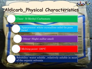 Aldicarb_Physical Characteristics
                                                              ALDICARB




     Class: N-Methyl Carbamate


         Appearance: white crystalline solid (in pure
         form)


          Odour: Slight sulfur smell


         Melting point: 100°C


     Solubility: water soluble , relatively soluble in most
     of the organic solvents
 