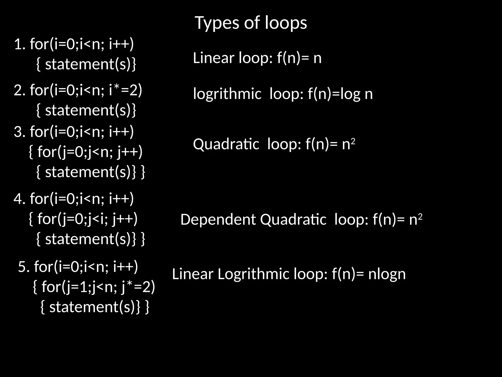 1. for(i=0;i<n; i++)
{ statement(s)} Linear loop: f(n)= n
3. for(i=0;i<n; i++)
{ for(j=0;j<n; j++)
{ statement(s)} }
4. for(i=0;i<n; i++)
{ for(j=0;j<i; j++)
{ statement(s)} }
Types of loops
2. for(i=0;i<n; i*=2)
{ statement(s)}
logrithmic loop: f(n)=log n
Quadratic loop: f(n)= n2
Dependent Quadratic loop: f(n)= n2
5. for(i=0;i<n; i++)
{ for(j=1;j<n; j*=2)
{ statement(s)} }
Linear Logrithmic loop: f(n)= nlogn
 