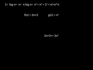 f(n) = 2n+3 g(n) = n2
1< log n< n< n log n< n2
< n3
< 2n
< n!<n^n
2n+3<= 3n2
 