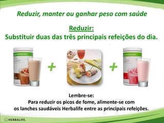 Reduzir, manter ou ganhar peso com saúde
Reduzir:
Substituir duas das três principais refeições do dia.
Lembre-se:
Para reduzir os picos de fome, alimente-se com
os lanches saudáveis Herbalife entre as principais refeições.
 