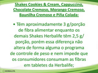 Shakes Cookies & Cream, Cappuccino,
Chocolate Cremoso, Morango Cremoso,
Baunilha Cremoso e Piña Colada:
• Têm aproximadamente 3 g/porção
de fibra alimentar enquanto os
demais Shakes Herbalife têm 2,5 g/
porção, porém essa diferença não
altera de forma alguma o programa
de controle de peso e nem impede que
os consumidores consumam as fibras
em tabletes da Herbalife;
 