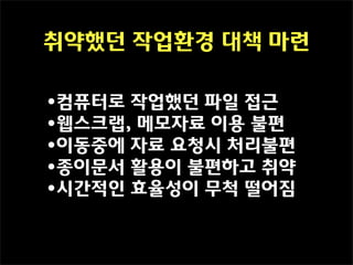취약했던 작업환경 대책 마련

•컴퓨터로 작업했던 파일 접근
•웹스크랩, 메모자료 이용 불편
•이동중에 자료 요청시 처리불편
•종이문서 활용이 불편하고 취약
•시간적인 효율성이 무척 떨어짐
 