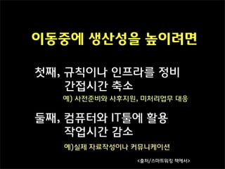 이동중에 생산성을 높이려면

첫째, 규칙이나 인프라를 정비
    간접시간 축소
   예) 사전준비와 사후지원, 미처리업무 대응


둘째, 컴퓨터와 IT툴에 활용
    작업시간 감소
   예)실제 자료작성이나 커뮤니케이션
                <출처/스마트워킹 책에서>
 