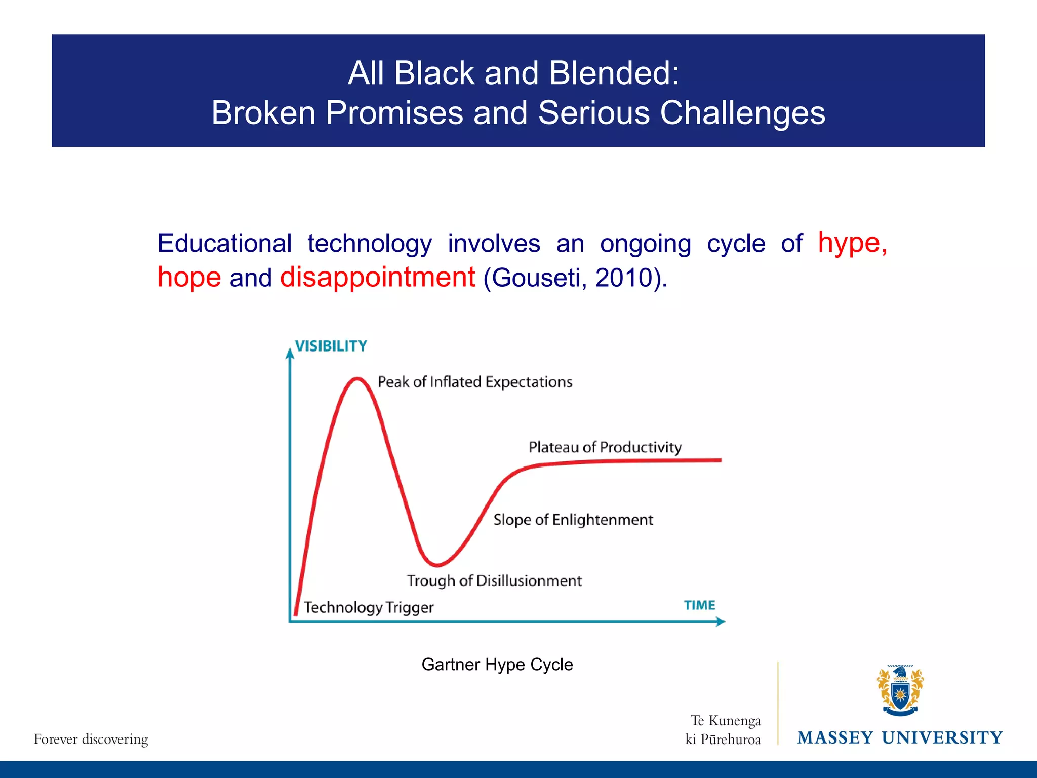 Gartner Hype Cycle All Black and Blended:  Broken Promises and Serious Challenges Educational technology involves an ongoing cycle of  hype, hope   and  disappointment  (Gouseti, 2010). 
