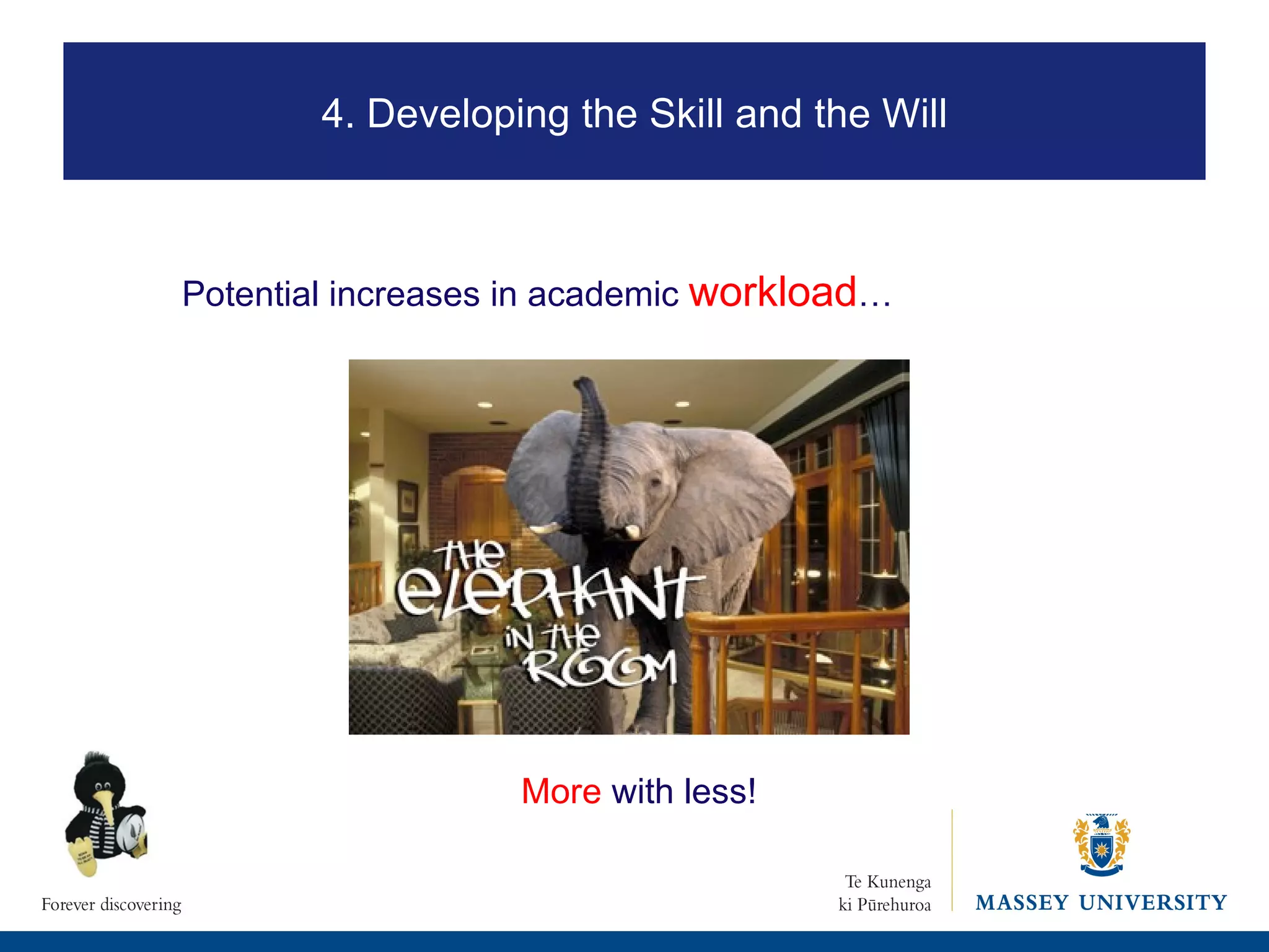 Potential increases in academic  workload … More  with less! 2. Where is eLearning heading? 4. Developing the Skill and the Will 