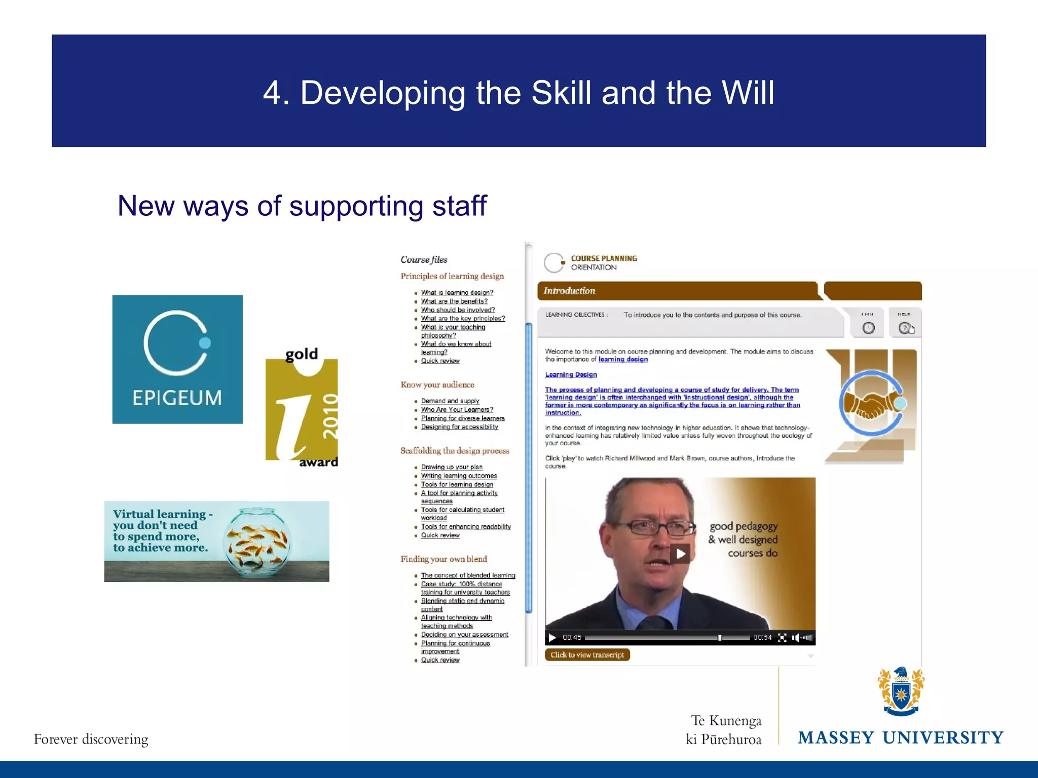 New ways of supporting staff  2. Where is eLearning heading? 4. Developing the Skill and the Will 