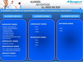 A VERSATILE RANGE OF EQUIPMENTS TO SERVE THE MEDICAL FRATERNITY
RADIOLOGY RANGE
DIGITAL RADIOGRAPHY
DIGITAL MAMMOGRAPHY
CONVENTIONAL
MAMMOGRAPHY
HF X-RAY SYSTEMS
LF X-RAY SYSTEMS
ORTHOPANTOMOGRAM (OPG)
DSA SYSTEMS
CARDIOLOGY RANGE
CATHLAB SYSTEMS
ORTHOPAEDIC RANGE
HF C-ARM IMAGE INTERSIFIER
LF C-ARM IMAGE INTENSIFIER
UROLOGY RANGE
LITHOTRIPTER (E.S.W.L.)
CARDIOLOGY RANGE
ECG
TMT
MPM
NEUROLOGY RANGE
EEG
EMG
PSG
SOFTWARE RANGE
HMS
PACS
ALLENGERS MEDICAL ALLENGERS GLOBAL ALLENGERS INFOTECH
 
