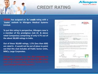 30
CRISIL has assigned an `A-‘ credit rating with a
`Stable’ outlook to Allengers Medical Systems
Limited.
To put this rating in perspective, Allengers now is
a member of the prestigious club (A- & above
rated Companies) comprising of only 4.7% out of
the about 38,600 ratings in India.
Out of these 38,600 ratings, 1.5% (less than 600)
are rated A-. It would not be out of place to point
out that this club includes all Public Sector Units,
MNCs, Large Corporates.
Allengers is amongst the top 150 companies in
India with a turnover of less than Rs 300 crores
with an A category rating. Another feather in the
cap of Allengers Medical Systems!!!
CREDIT RATING
 