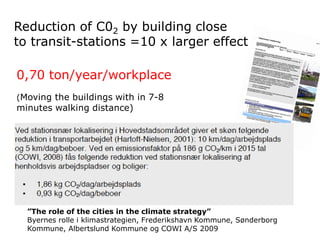 Reduction of C02 by building close
to transit-stations =10 x larger effect
0,70 ton/year/workplace
(Moving the buildings with in 7-8

minutes walking distance)

”The role of the cities in the climate strategy”
Byernes rolle i klimastrategien, Frederikshavn Kommune, Sønderborg
Kommune, Albertslund Kommune og COWI A/S 2009

 