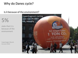 Why do Danes cycle?
Is it because of the environment?

5%
state that it is
because of the
environment

Copenhagen Bicycle
Account 2010

Copenhageners cycling
save over 90.000 t
CO2 annually

 