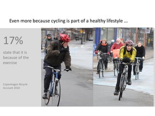 Even more because cycling is part of a healthy lifestyle ...

17%
state that it is
because of the
exercise

Copenhagen Bicycle
Account 2010

 