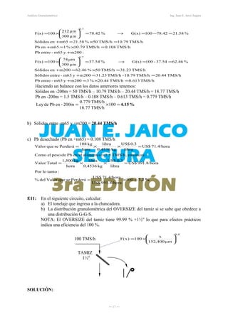 Análisis Granulométrico Ing. Juan E. Jaico Segura
TMS/h0.613TMS/h20.44%3m200ym65-entrePb
TMS/h20.44TMS/h10.79-TMS/h31.23m200ym65-entreSólidos
TMS/h31.23TMS/h50%62.46m200enSólidos
%62.4637.54-100G(x)%37.54
µm300
µm74
100F(x)
:m200ym65-entrePb
TMS/h0.108TMS/h10.79%1m65enPb
TMS/h10.79TMS/h50%21.58m65enSólidos
%21.5842.78100G(x)%78.42
µm300
µm212
100F(x)
0.7
0.7
=×=+
==+
=×=+
==→=





×=
+
=×=+
=×=+
=−=→=





×=
Haciendo un balance con los datos anteriores tenemos:
Sólidos en -200m = 50 TMS/h – 10.79 TMS/h – 20.44 TMS/h = 18.77 TMS/h
Pb en -200m = 1.5 TMS/h – 0.108 TMS/h – 0.613 TMS/h = 0.779 TMS/h
%4.15=×= 100
TMS/h18.77
TMS/h0.779
200m-enPbdeLey
b) Sólidos entre -m65 y +m200 = 20.44 TMS/h
c) Pb desechado (Pb en +m65) = 0.108 TMS/h
%7.2=×=
=××=
=××=
100
991.8/horaUS$
71.4/horaUS$
PerderásequeValordel%
:tantoloPor
991.8/horaUS$
libra
0.3US$
kg0.4536
libra
hora
kg1,500
TotalValor
:entoncesTMS/h,1.5esalimentoelenPbdepesoelComo
71.4/horaUS$
libra
0.3US$
kg0.4536
libra
hora
kg108
PerderásequeValor
E11: En el siguiente circuito, calcular:
a) El tonelaje que ingresa a la chancadora.
b) La distribución granulométrica del OVERSIZE del tamiz si se sabe que obedece a
una distribución G-G-S.
NOTA: El OVERSIZE del tamiz tiene 99.99 % +1½" lo que para efectos prácticos
indica una eficiencia del 100 %.
100 TMS/h
4.0
µm400,152
x
100)x(F 





×=
TAMIZ
1½"
SOLUCIÓN:
― 17 ―
 