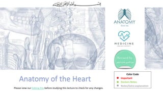 Anatomy of the Heart
Color Code
Important
Doctors Notes
Notes/Extra explanation
Please view our Editing File before studying this lecture to check for any changes.
 