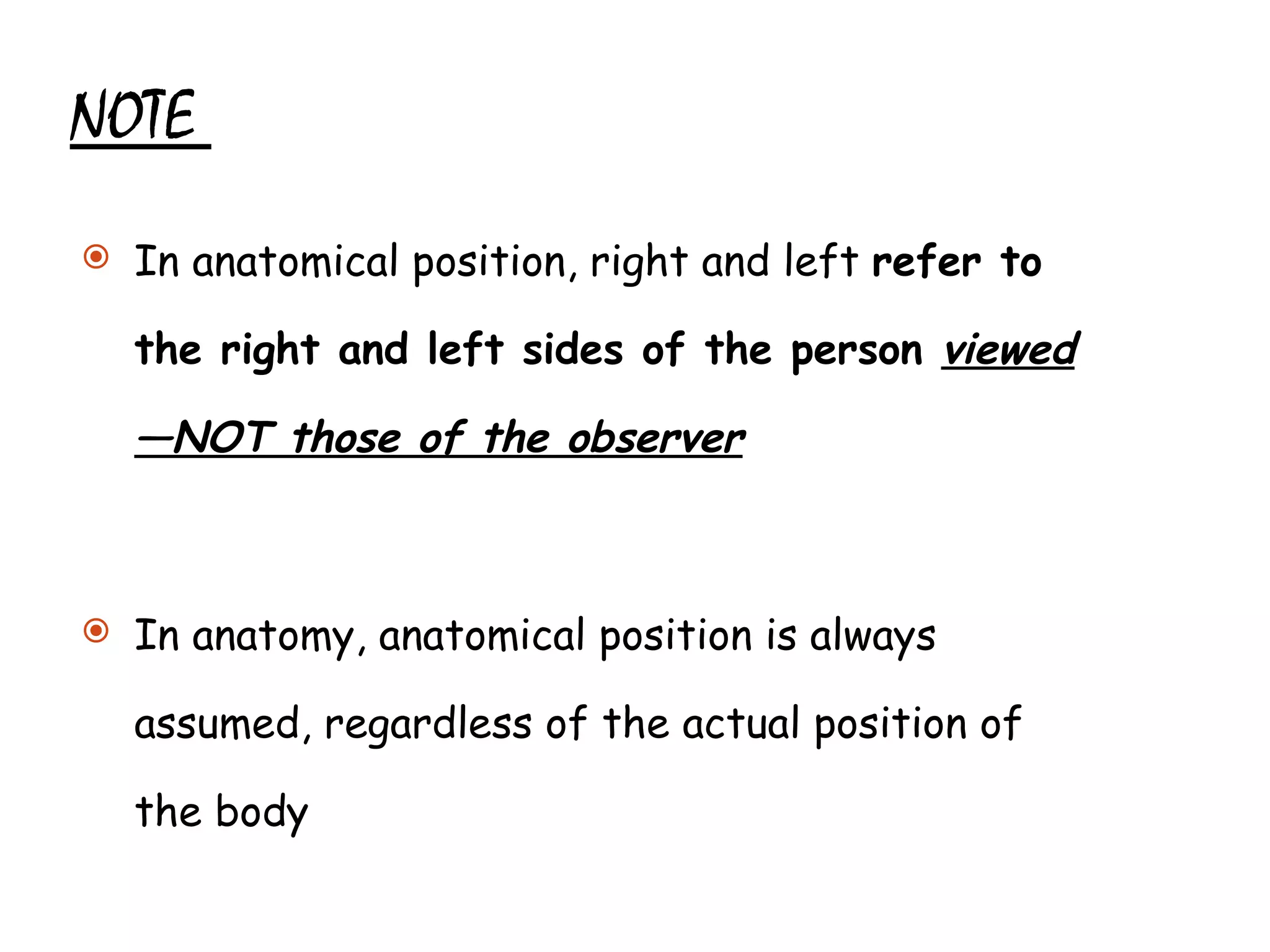 NOTE  In anatomical position, right and left  refer to the right and left sides of the person  viewed—NOT those of the observer   In anatomy, anatomical position is always assumed, regardless of the actual position of the body 