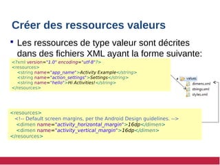 Créer des ressources valeurs
 Les ressources de type valeur sont décrites
dans des fichiers XML ayant la forme suivante:
<?xml version="1.0" encoding="utf-8"?>
<resources>
<string name="app_name">Activity Example</string>
<string name="action_settings">Settings</string>
<string name="hello">Hi Activities!</string>
</resources>
<resources>
<!-- Default screen margins, per the Android Design guidelines. -->
<dimen name="activity_horizontal_margin">16dp</dimen>
<dimen name="activity_vertical_margin">16dp</dimen>
</resources>
 