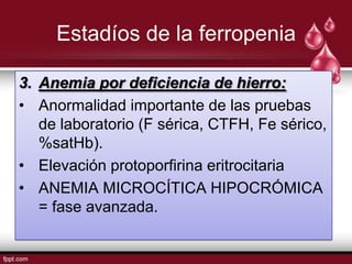 Estadíos de la ferropenia

3. Anemia por deficiencia de hierro:
• Anormalidad importante de las pruebas
   de laboratorio (F sérica, CTFH, Fe sérico,
   %satHb).
• Elevación protoporfirina eritrocitaria
• ANEMIA MICROCÍTICA HIPOCRÓMICA
   = fase avanzada.
 