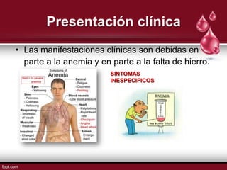 Presentación clínica
• Las manifestaciones clínicas son debidas en
  parte a la anemia y en parte a la falta de hierro.
                         SINTOMAS
                         INESPECIFICOS
 