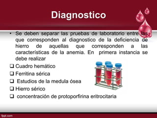 Diagnostico
• Se deben separar las pruebas de laboratorio entre las
  que corresponden al diagnostico de la deficiencia de
  hierro de aquellas que corresponden a las
  características de la anemia. En primera instancia se
  debe realizar
 Cuadro hemático
 Ferritina sérica
 Estudios de la medula ósea
 Hierro sérico
 concentración de protoporfirina eritrocitaria
 