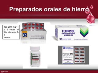 Preparados orales de hierro

100-200 mg/ 1
o 2 veces al
día, durante 3-
6
meses.
 