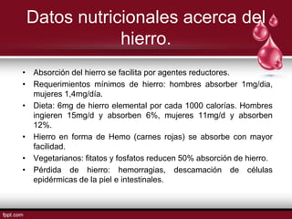Datos nutricionales acerca del
             hierro.
• Absorción del hierro se facilita por agentes reductores.
• Requerimientos mínimos de hierro: hombres absorber 1mg/dia,
  mujeres 1,4mg/día.
• Dieta: 6mg de hierro elemental por cada 1000 calorías. Hombres
  ingieren 15mg/d y absorben 6%, mujeres 11mg/d y absorben
  12%.
• Hierro en forma de Hemo (carnes rojas) se absorbe con mayor
  facilidad.
• Vegetarianos: fitatos y fosfatos reducen 50% absorción de hierro.
• Pérdida de hierro: hemorragias, descamación de células
  epidérmicas de la piel e intestinales.
 