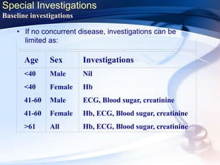 Special Investigations
Baseline investigations
• If no concurrent disease, investigations can be
limited as:
Age
<40
<40
41-60
41-60
>61
Sex
Male
Female
Male
Female
All
Investigations
Nil
Hb
ECG, Blood sugar, creatinine
Hb, ECG, Blood sugar, creatinine
Hb, ECG, Blood sugar, creatinine
 