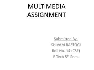 MULTIMEDIA
ASSIGNMENT


       Submitted By-
      SHIVAM RASTOGI
      Roll No. 14 (CSE)
       B.Tech 5th Sem.
 