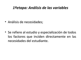 1ªetapa: Análisis de las variables
• Análisis de necesidades;
• Se refiere al estudio y especialización de todos
los factores que inciden directamente en las
necesidades del estudiante.
 