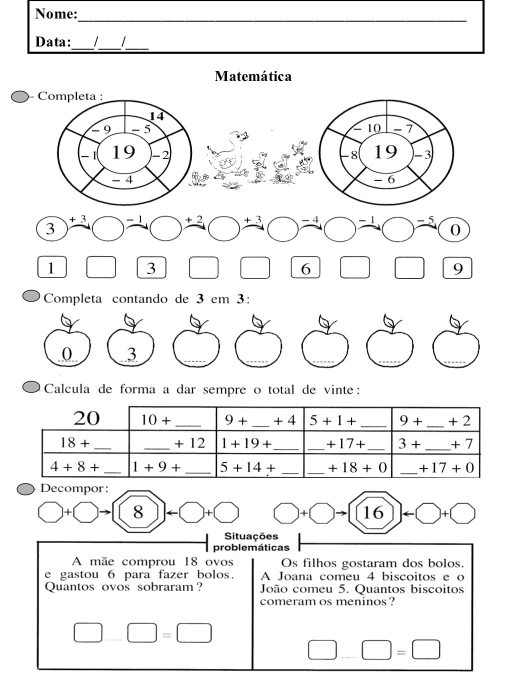 1.º ano fichas matemática