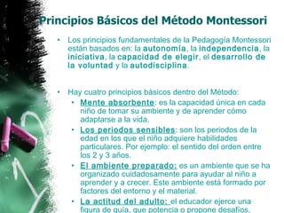 Principios Básicos del Método Montessori Los principios fundamentales de la Pedagogía Montessori están basados en: la  autonomía , la  independencia , la  iniciativa , la  capacidad de elegir , el  desarrollo de la voluntad  y la  autodisciplina . Hay cuatro principios básicos dentro del Método: Mente absorbente : es la capacidad única en cada niño de tomar su ambiente y de aprender cómo adaptarse a la vida. Los periodos sensibles : son los periodos de la edad en los que el niño adquiere habilidades particulares. Por ejemplo: el sentido del orden entre los 2 y 3 años. El ambiente preparado:  es un ambiente que se ha organizado cuidadosamente para ayudar al niño a aprender y a crecer. Este ambiente está formado por factores del entorno y el material. La actitud del adulto:  el educador ejerce una figura de guía, que potencia o propone desafíos, cambios, novedades, etc. 