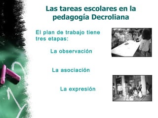 Las tareas escolares en la pedagogía Decroliana El plan de trabajo tiene tres etapas:   La observación La asociación   La expresión   
