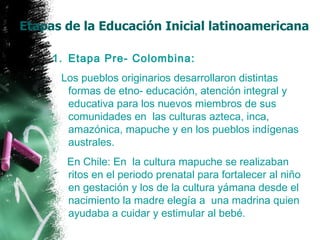 Etapas de la Educación Inicial latinoamericana Etapa Pre- Colombina: Los pueblos originarios desarrollaron distintas formas de etno- educación, atención integral y educativa para los nuevos miembros de sus comunidades en  las culturas azteca, inca, amazónica, mapuche y en los pueblos indígenas australes. En Chile: En  la cultura mapuche se realizaban ritos en el periodo prenatal para fortalecer al niño en gestación y los de la cultura yámana desde el nacimiento la madre elegía a  una madrina quien ayudaba a cuidar y estimular al bebé. 