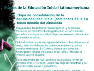 Etapas de la Educación Inicial latinoamericana 3. Etapa de consolidación de la institucionalidad inicial (comienzos del s.XX  hasta década del cincuenta Inaugurados  los primeros “Kindergartens” y la primera formación de maestras “kindergarterinas”  en las escuelas normales, comienza una dificil etapa de mantener y desarrollar esta institucionalidad.  En los distintos países se originan debates  sobre el aporte y el costo, además el desarrollo político, económico y cultural produce retrocesos. En Chile se cierran casi todos los Kindergarten fiscales instalados entre 1906 y 1913 por la Primera Guerra Mundial. Lento desarrollo del nivel centrado en el ámbito formal de atención entre 4 y 6 años. Luego hay auge de industrias y se crean las salas cunas o guarderías. Se incorporan las metodologías de Montessori , Decroly  y Frobel. 